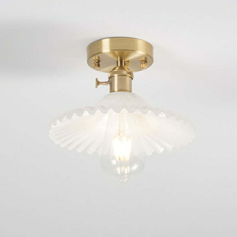 Japanese Vintage Brass Lotus Glass Semi-Flush Ceiling Light