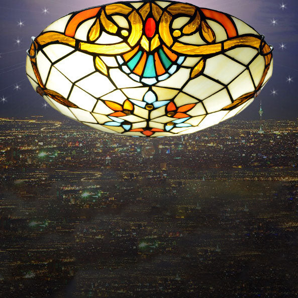 European Tiffany Baroque Round Stained Glass Flush Light