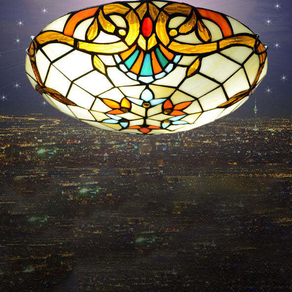 European Tiffany Baroque Round Stained Glass Flush Light