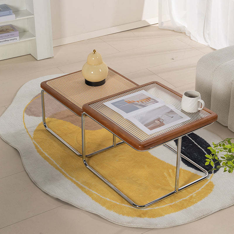 Vintage Solid Wood Rattan Glass Square Coffee Table 4-Leg