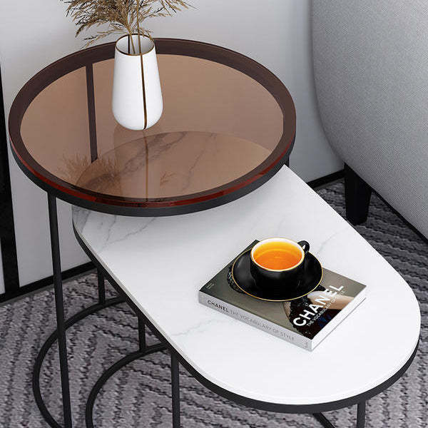 Nordic Oval Glass Rock Slab Steel Coffee Table