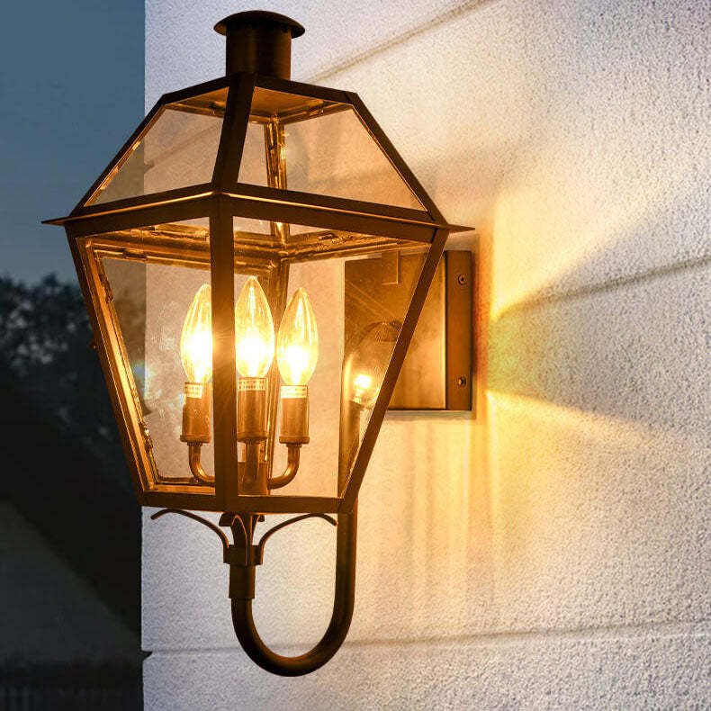 Industrial Glass Lantern Iron 3-Light Outdoor Wall Sconce