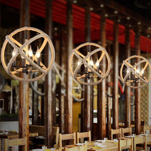 Industrial Hemp Rope Ball Candle Chandelier