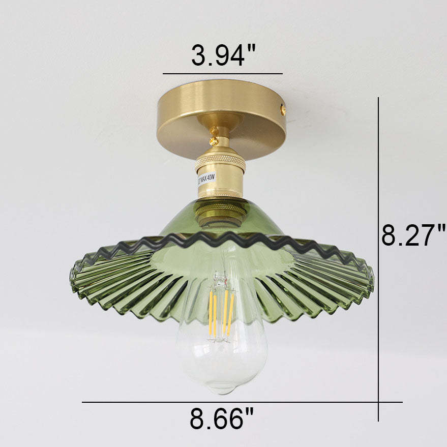 Japanese Vintage Brass Lotus Glass Semi-Flush Ceiling Light