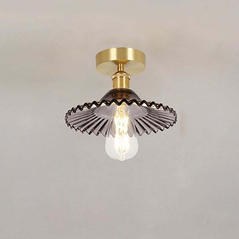 Japanese Vintage Brass Lotus Glass Semi-Flush Ceiling Light