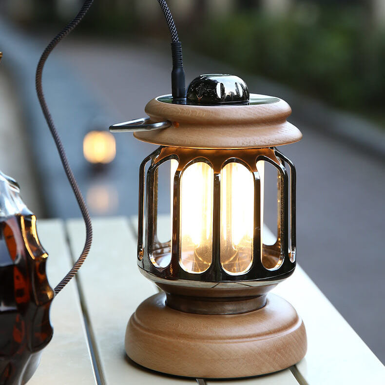 Vintage Teapot Wood Base LED Rechargeable Camping Light