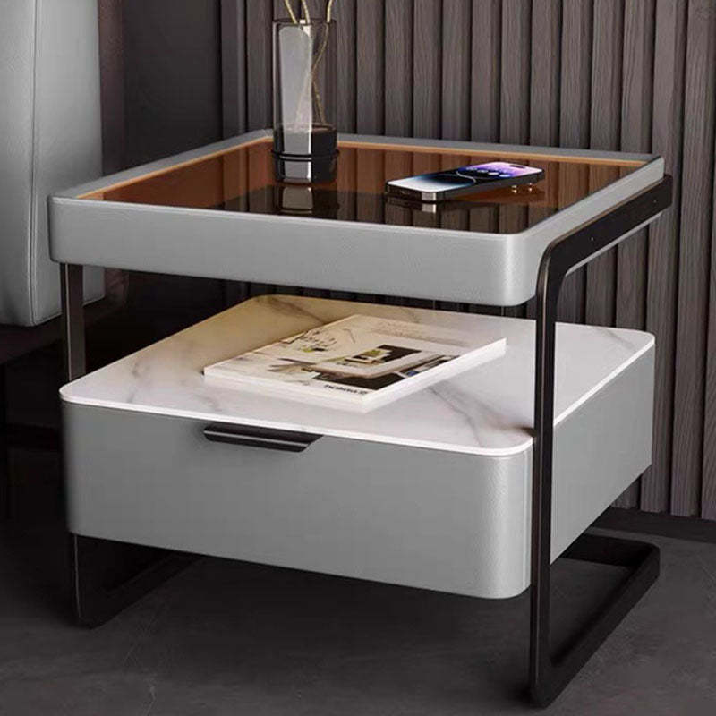 Nordic Reinforced Glass Leather Wood Nightstand 1-Drawer