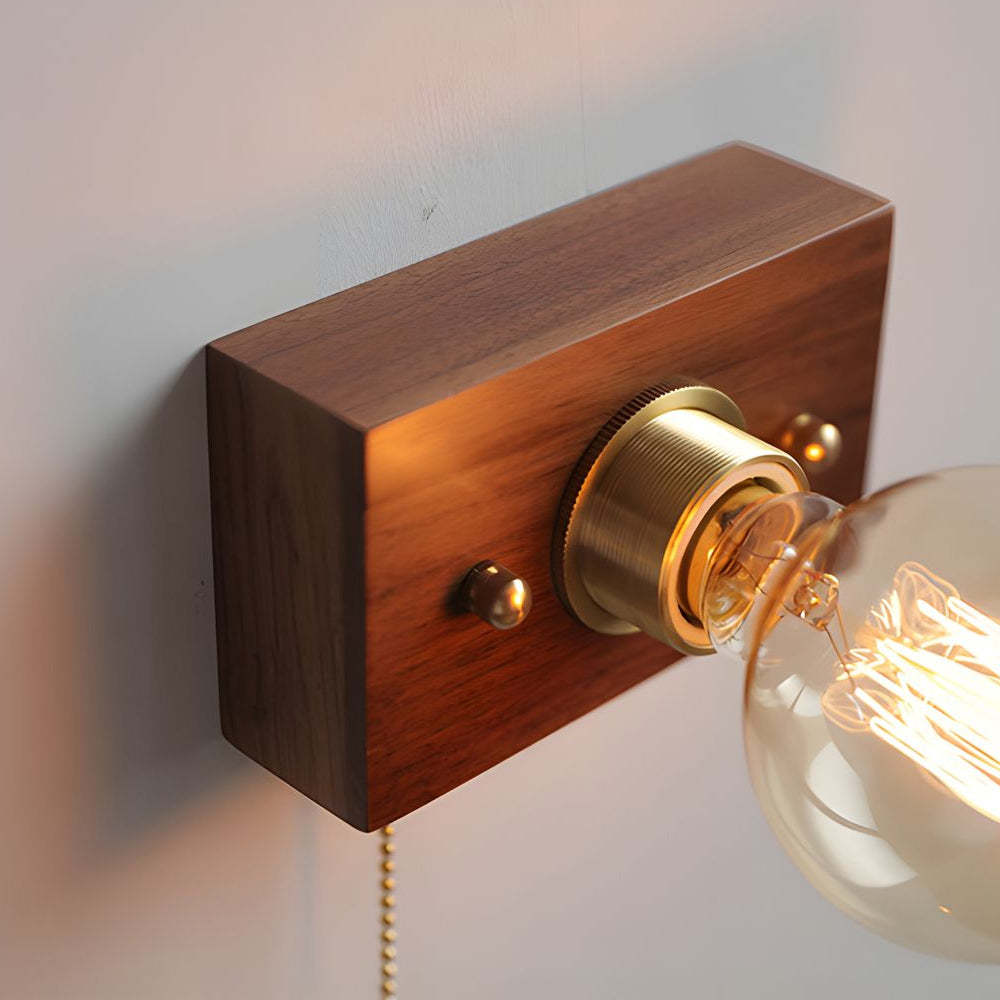 Round/Square Vintage Walnut Wood Wall Lamp 1-light with Pull Chain Switch-Lighom