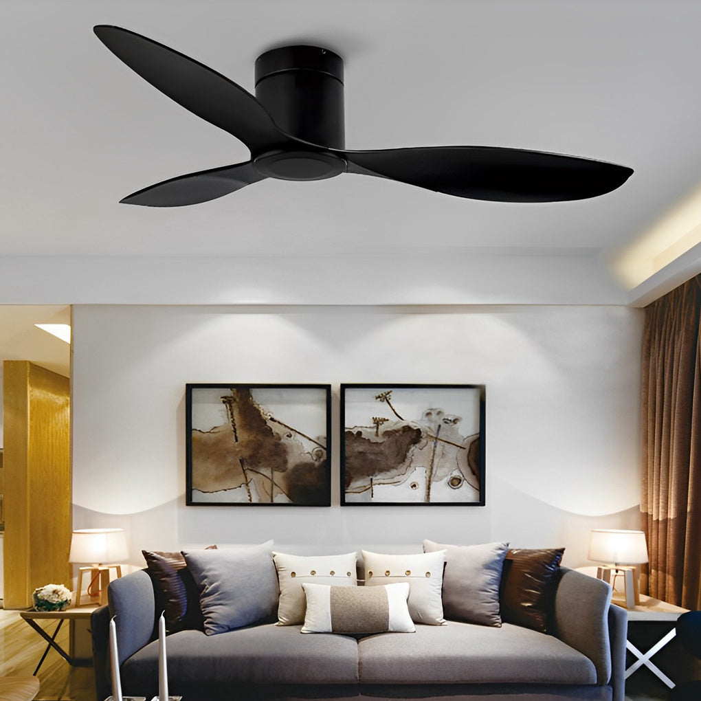 Modern mute 3-blade black ceiling fans, Lighom — Flush Mount / White