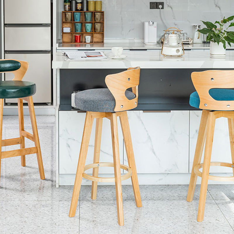 Modern PU Leather Wood Low-Back Bar Stool — Dark Blue PU Leather Cushion + Log Color Frame