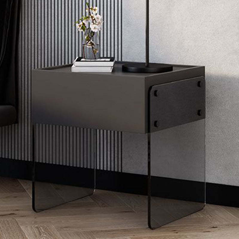 Minimalist Wood Plank Glass 1-Drawer Nightstand — Black
