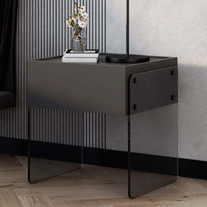 Minimalist Wood Plank Glass 1-Drawer Nightstand — Black