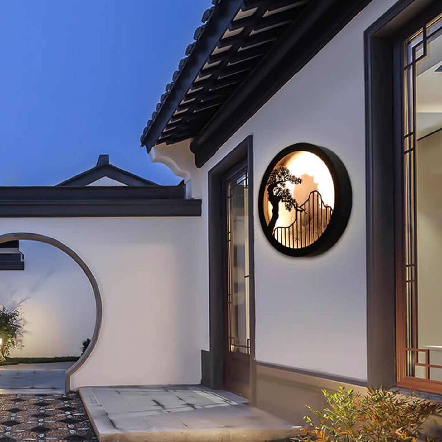 Chinese Landscape Pine Zen Round LED Outdoor Wall Sconce
