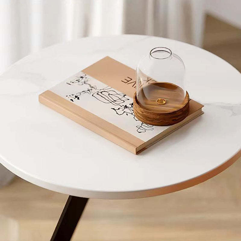 Scandinavian Round Rock Slab Iron Coffee Table — White