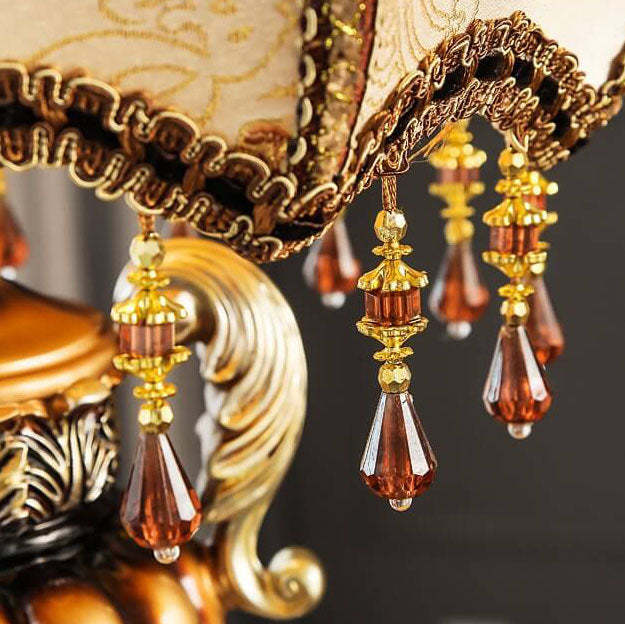 European Vintage Fabric Beaded Resin Base Palace Table Lamp — Dimmer Switch / 110V-120V For US/CA