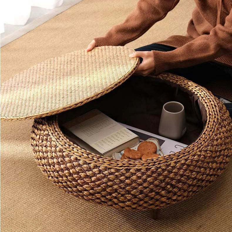 Japanese Oval Rattan Woven Wood Coffee Table