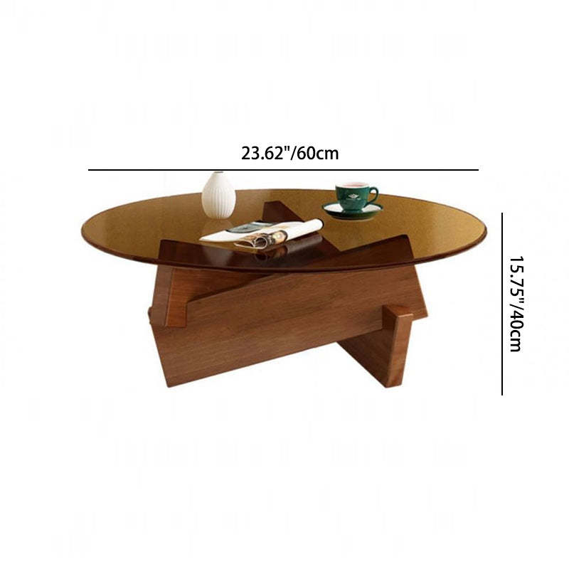 Scandinavian Glass Triangular Wood Coffee Table — Black Glass Tabletop + Black Oak Legs
