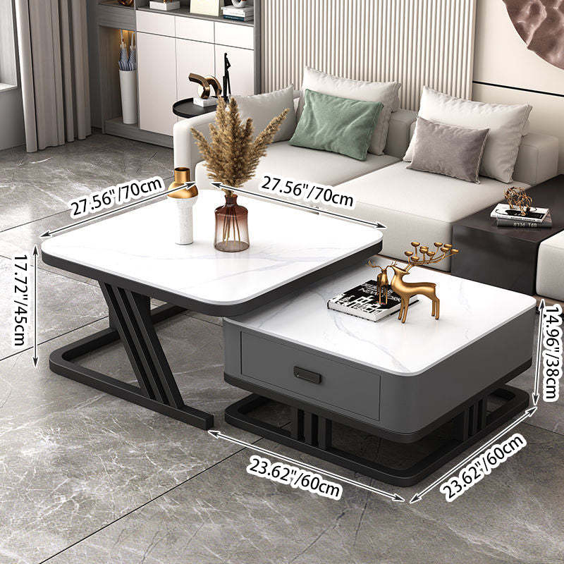 Modern Iron Frame Nesting Coffee Table — White Slate Tabletop+ White Slate Tabletop +Gray Drawer