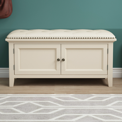 Nordic Leather Birch 2-Tier Tipping Shoe Storage Bench — Ivory Color