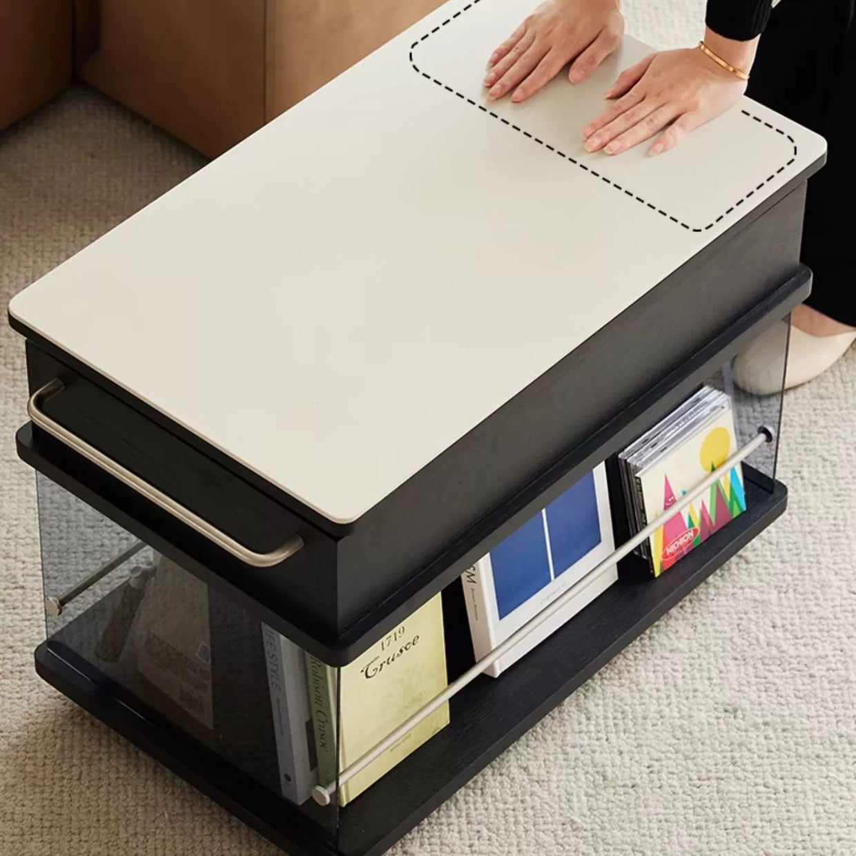 Minimalist Wood Glass Lift-Top End Table 3-Storage