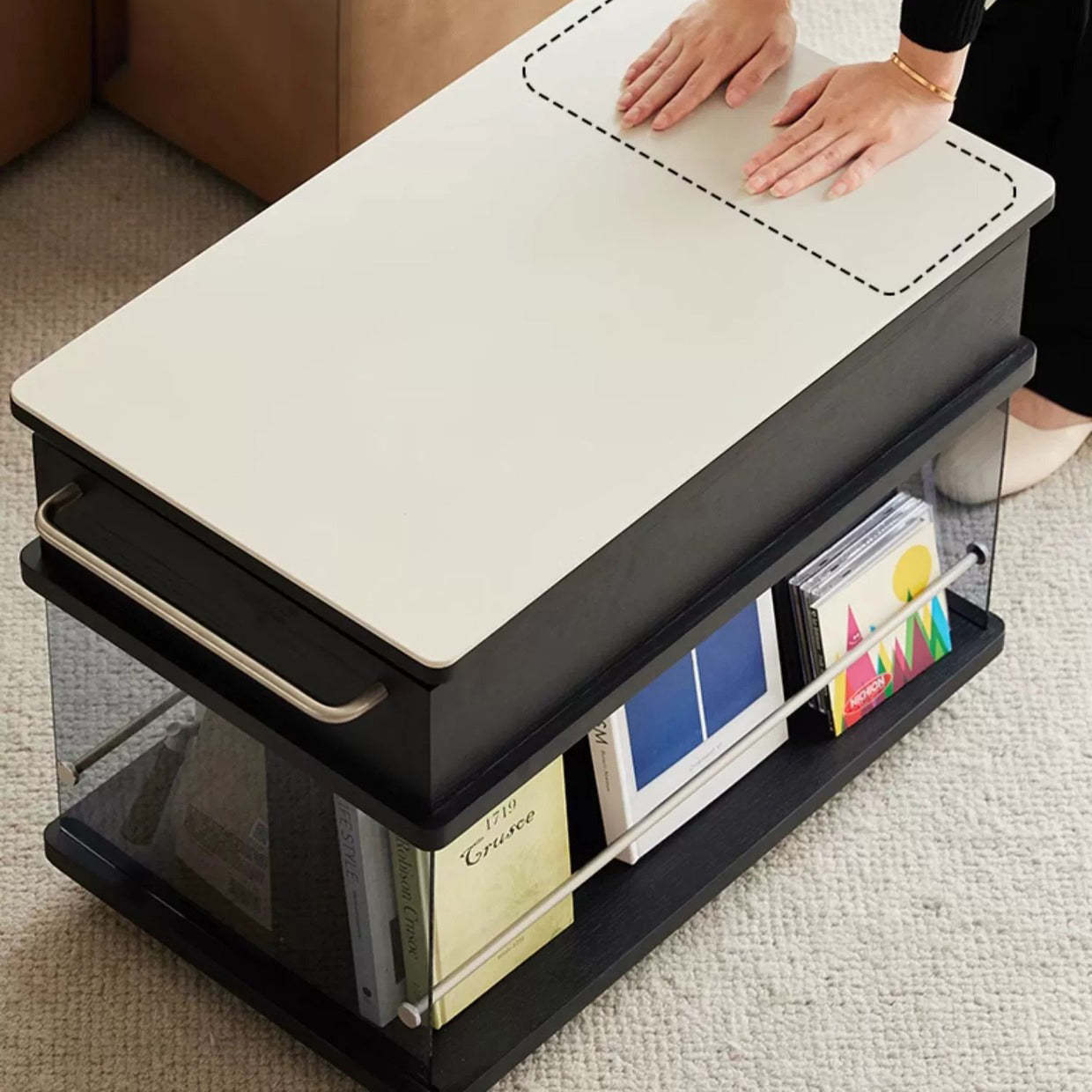 Minimalist Wood Glass Lift-Top End Table 3-Storage