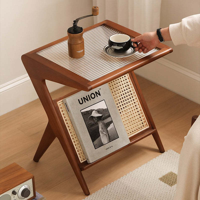 Japanese Rattan Rectangular Side Table 1-Shelf — Ash Wood - Wood Color / Tea Color Glass