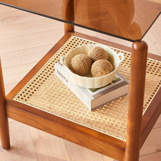 Japanese Woven Ash Wood Glass 2-Tier End Table