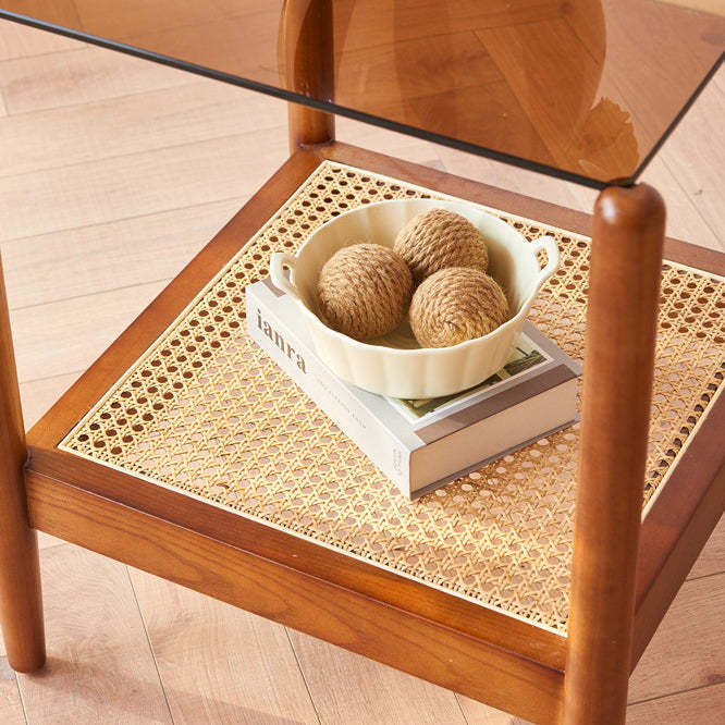 Japanese Woven Ash Wood Glass 2-Tier End Table
