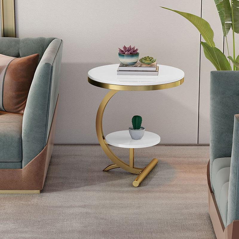 Minimalist Round Marble Metal 2-Tier Side Table — White Tabletop + Gold Frame