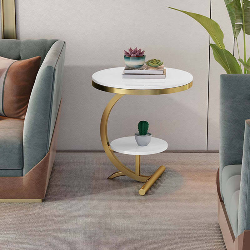 Minimalist Round Marble Metal 2-Tier Side Table — White Tabletop + Gold Frame