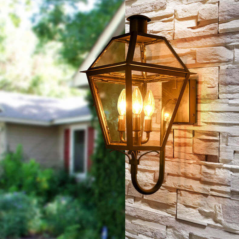 Industrial Glass Lantern Iron 3-Light Outdoor Wall Sconce