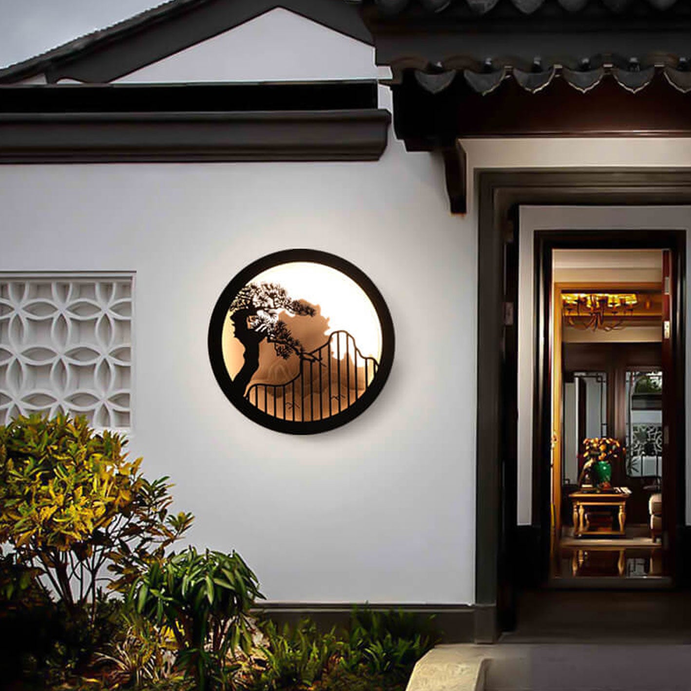 Chinese Landscape Pine Zen Round LED Outdoor Wall Sconce