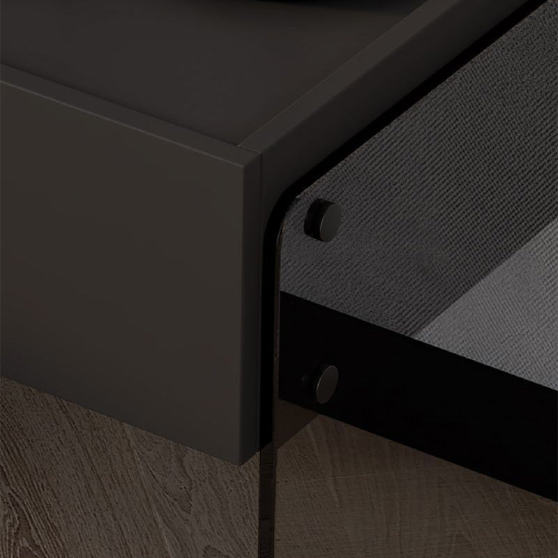 Minimalist Wood Plank Glass 1-Drawer Nightstand — Black