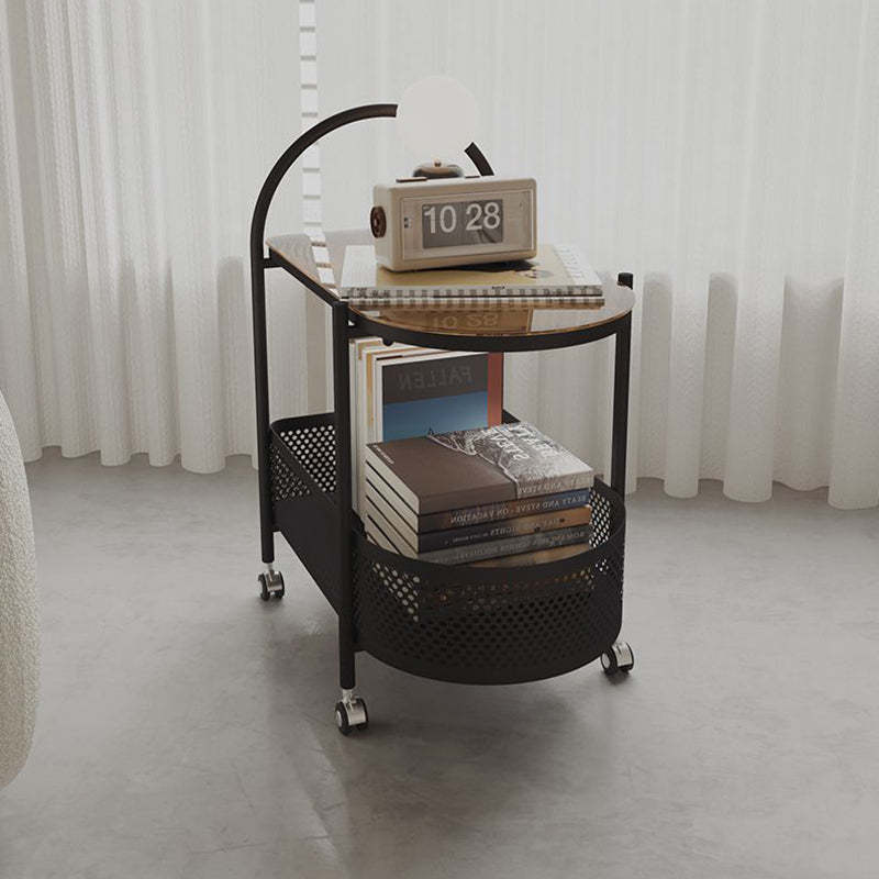 Contemporary Glass Iron Round Rolling Side Table 2-Tier