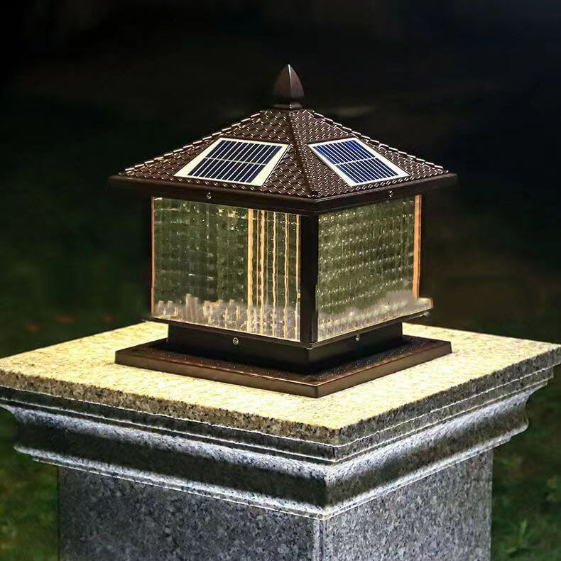 Retro Square Die-Cast Aluminum Glass Solar Column Light