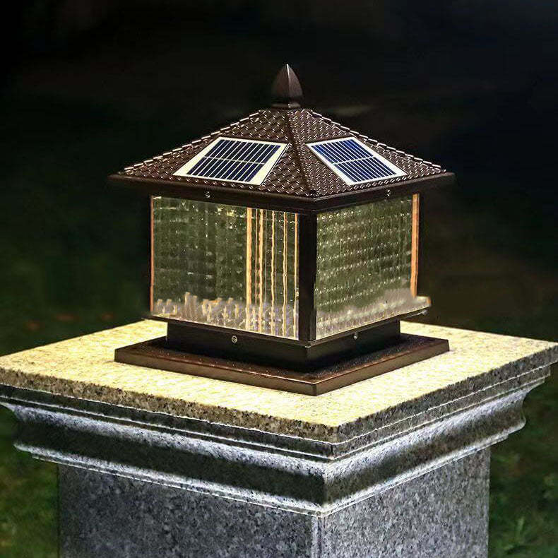 Retro Square Die-Cast Aluminum Glass Solar Column Light — A / Solar
