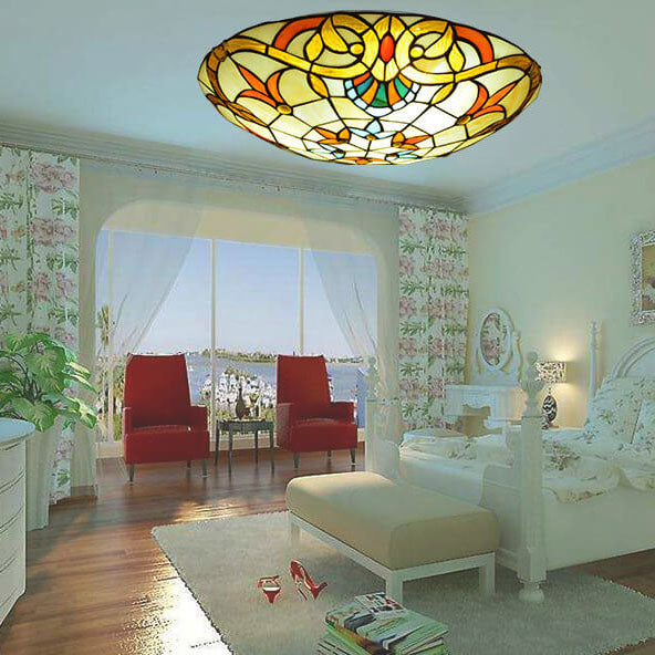 European Tiffany Baroque Round Stained Glass Flush Light