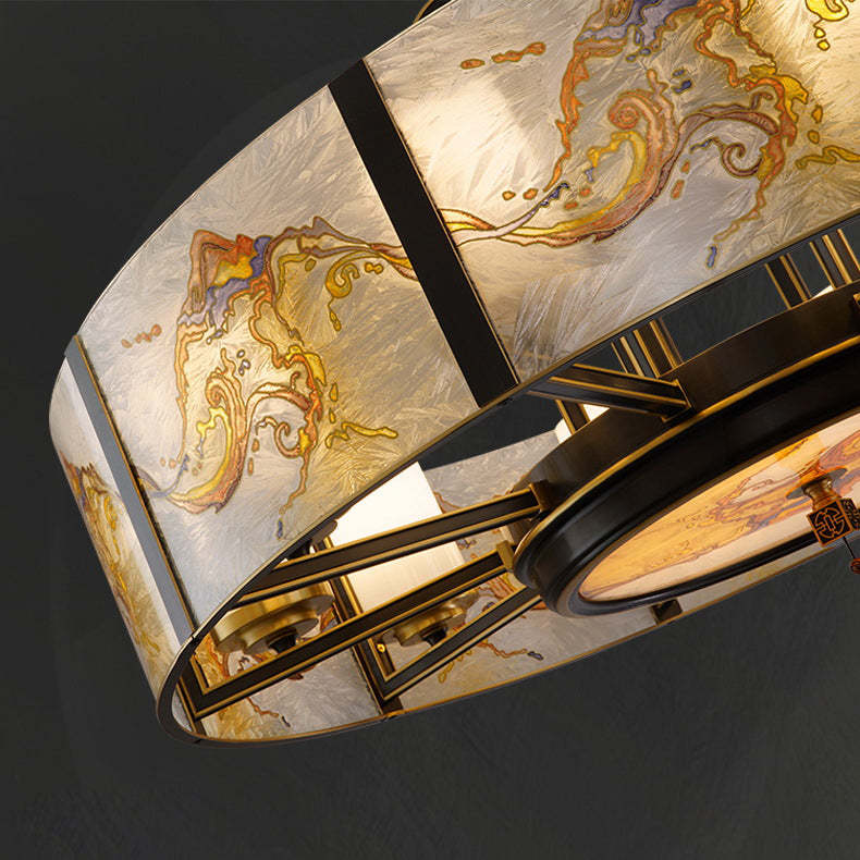 Chinese Enamel Glass Cylinder Brass Chandelier
