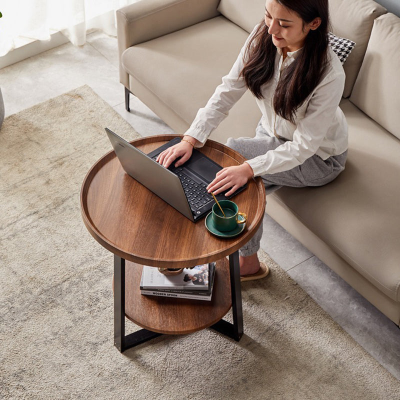Scandinavian Round Wood Iron 2-Tier End Table — Wood Color