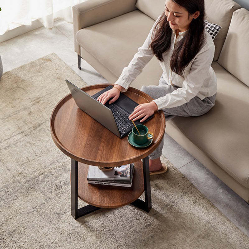 Scandinavian Round Wood Iron 2-Tier End Table — Wood Color