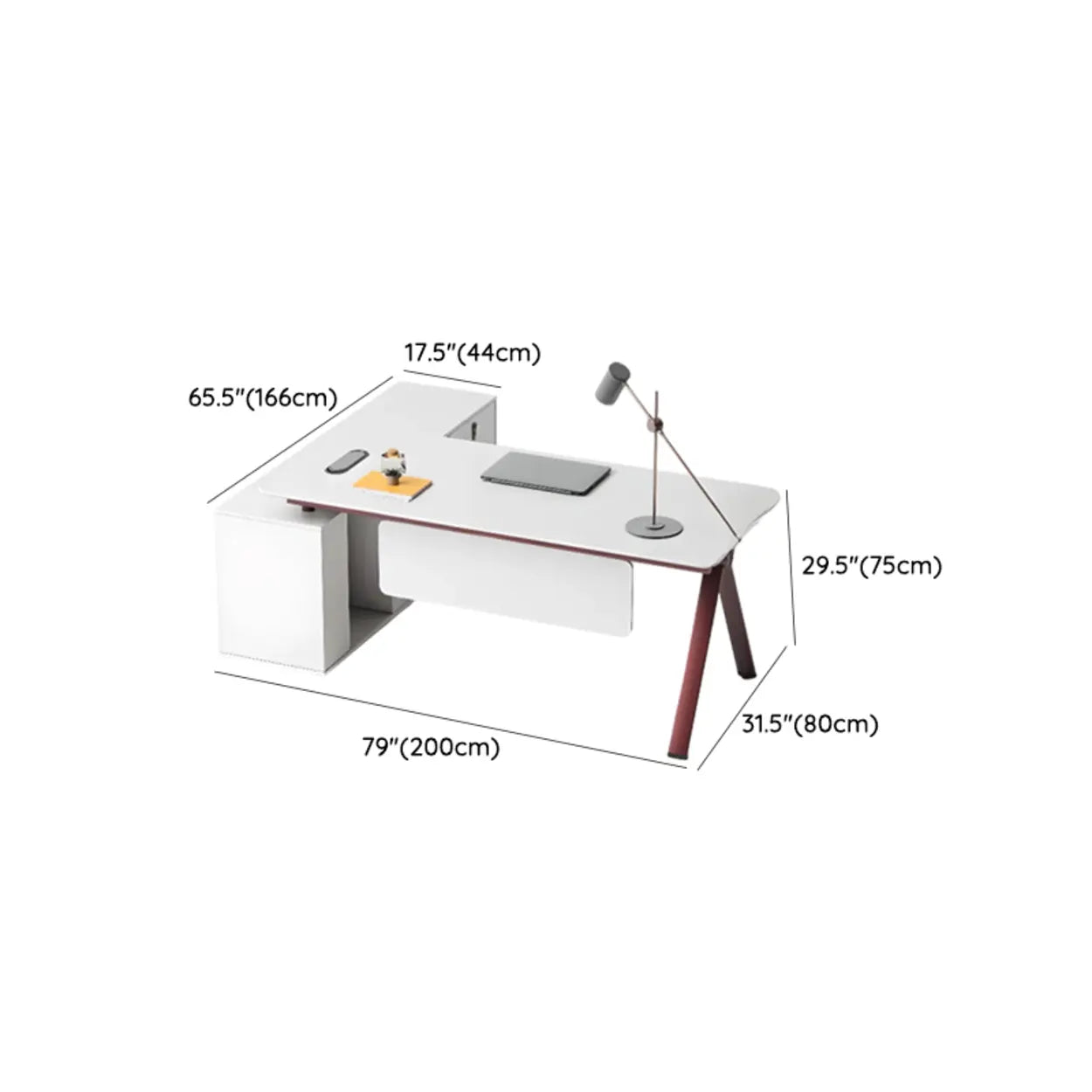 White Wood L-Shape Executive Desk with Red Base
