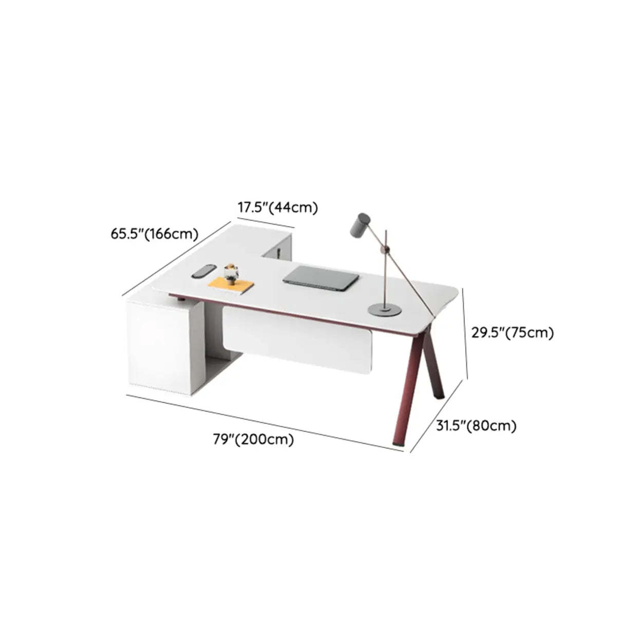 White Wood L-Shape Executive Desk with Red Base
