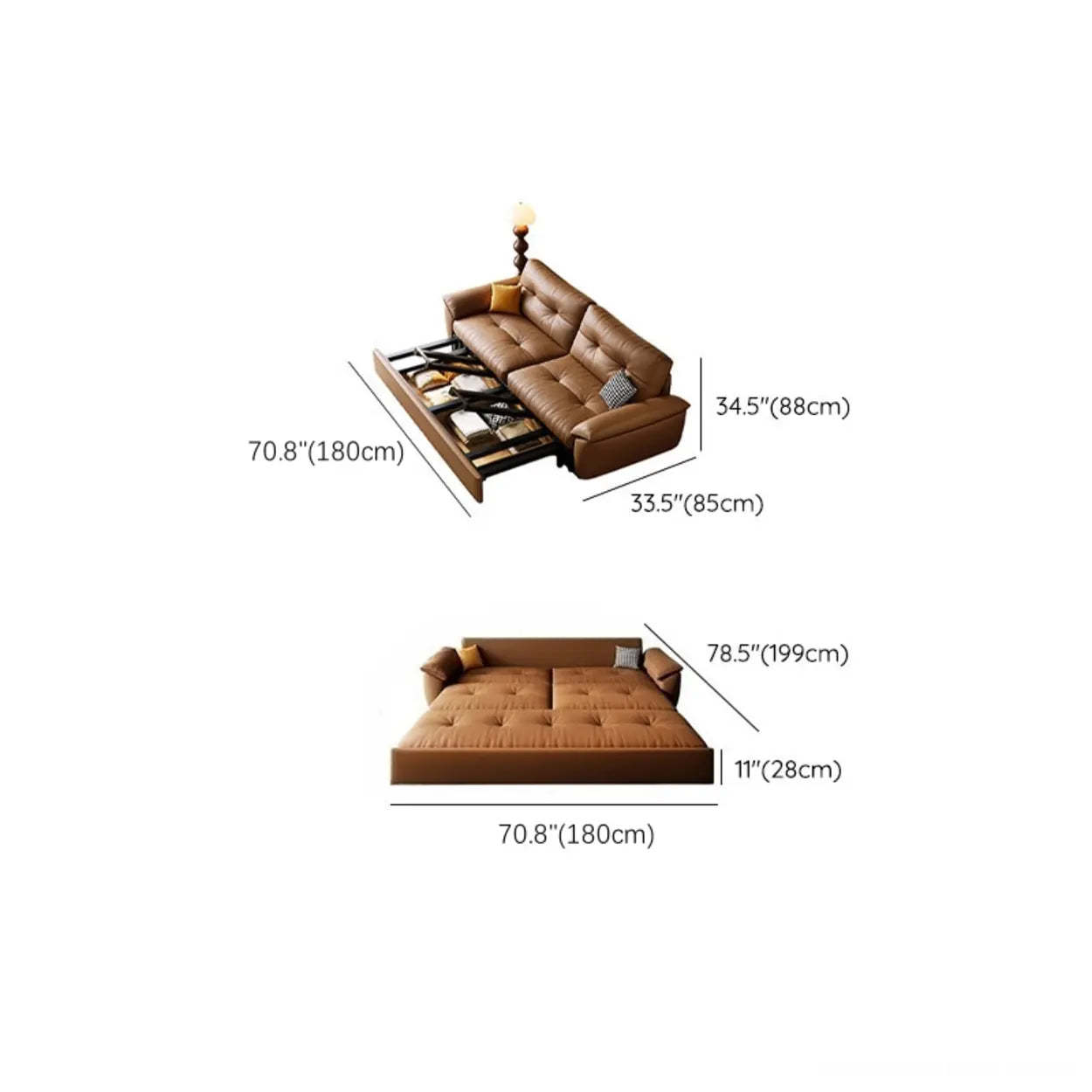 Convertible Brown Leather Tufted Storage Futon