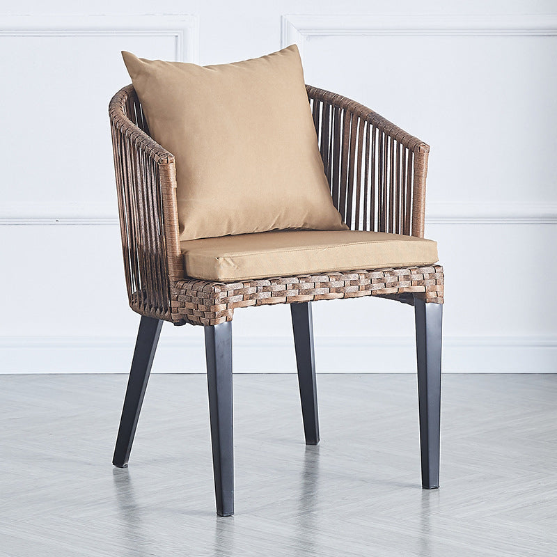 Traditional Farmhouse Rattan Metal Outdoor Dining Chair — Rattan Color Seat & Khaki Cushion
