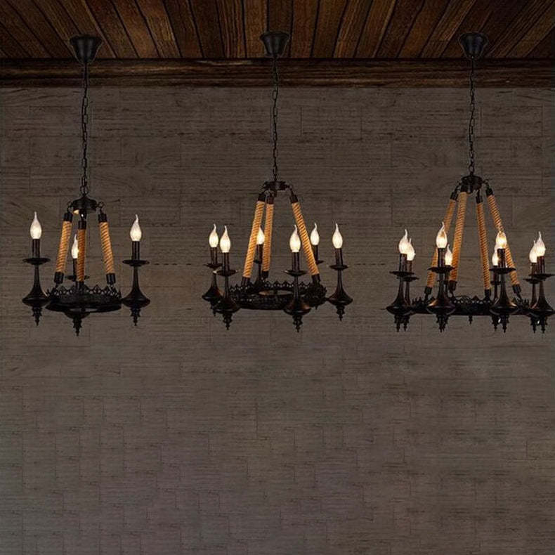 Vintage Candelabra Iron Hemp Rope Chandelier