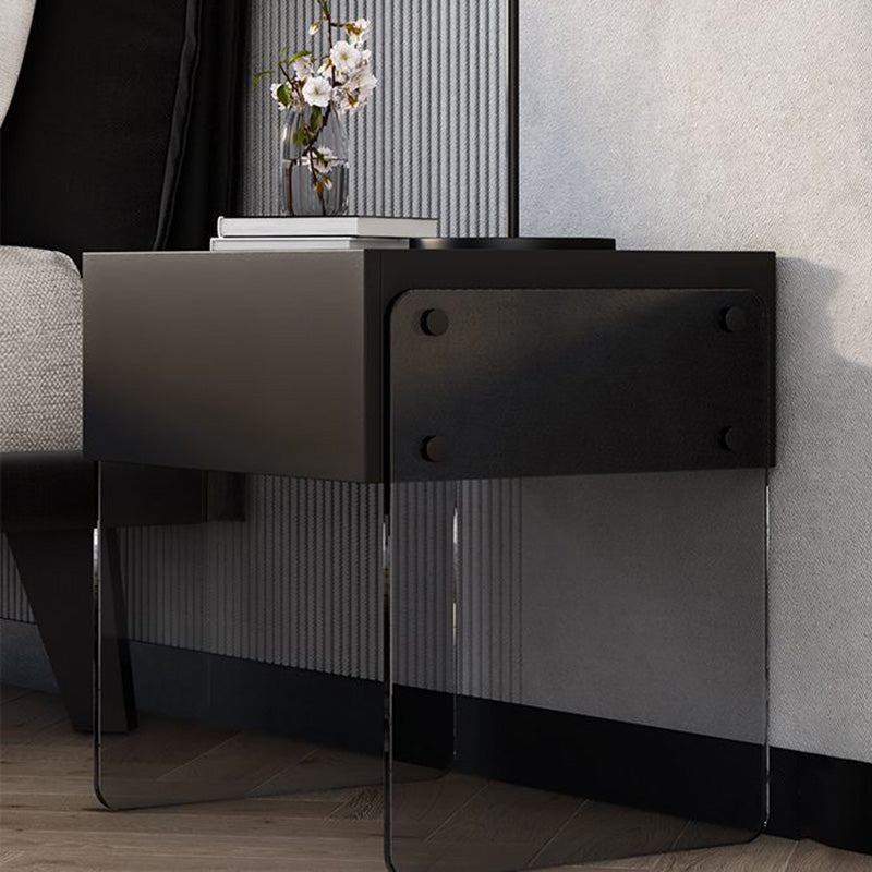 Minimalist Wood Plank Glass 1-Drawer Nightstand