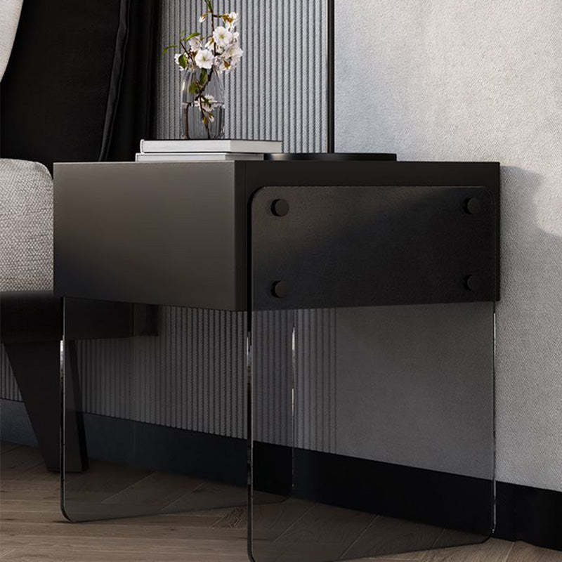 Minimalist Wood Plank Glass 1-Drawer Nightstand