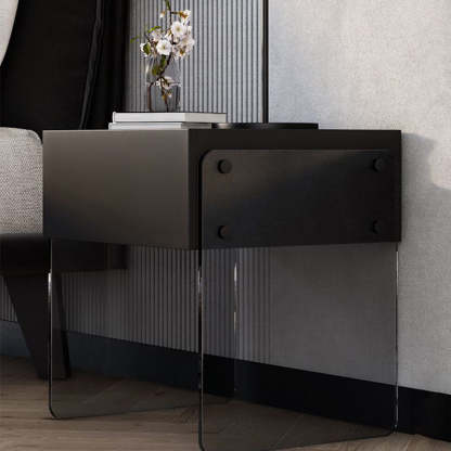 Minimalist Wood Plank Glass 1-Drawer Nightstand