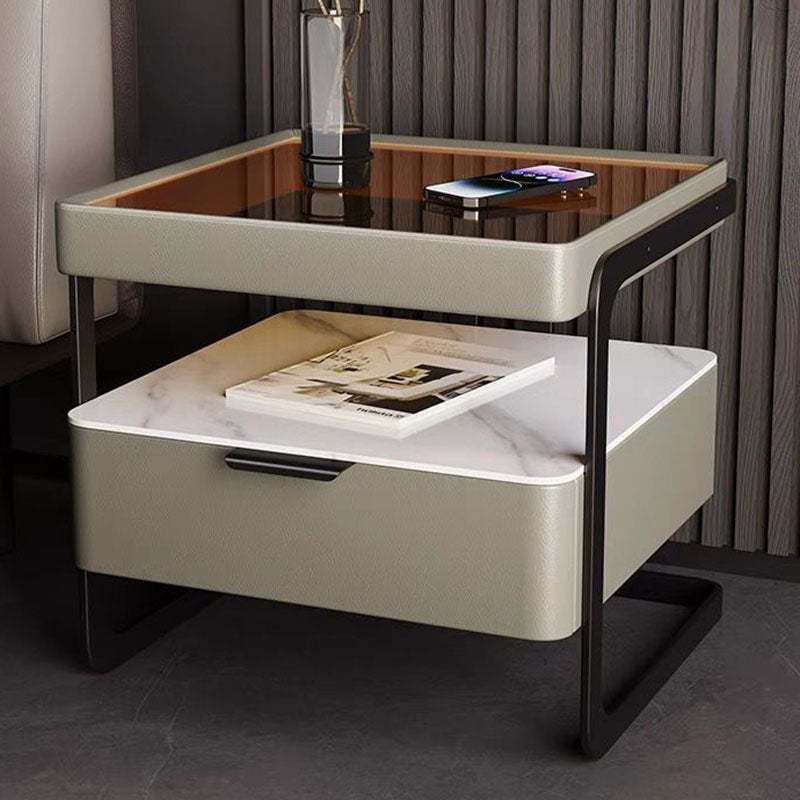 Nordic Reinforced Glass Leather Wood Nightstand 1-Drawer