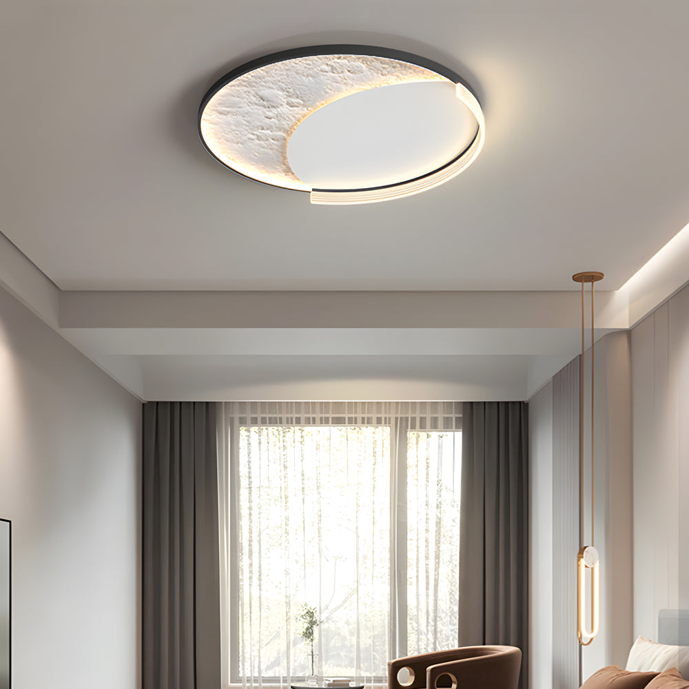 Black synthetic lunar texture flush mount lighting - minimalist — Round / White
